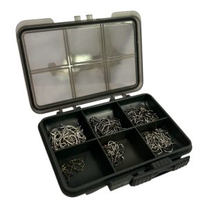 1x Fox 6 Compartment Box - ASSORTMENT OF SMALLER HOOKS  - D13 - PRE LOVED
