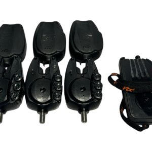 Alternative view of 3x Fox RX+ Alarms with Receiver with Orange Dumby Bobbins - C25 - PRE LOVED