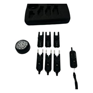 Alternative view of 3x Sonik Gizmo Alarms with Receiver and Light In Case - I11 - PRE LOVED