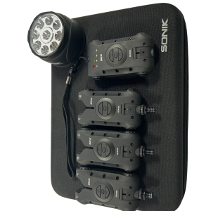3x Sonik SKX Alarms with Receiver and Bivvy Light in Case - U166 - PRE LOVED