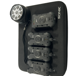 Alternative view of 3x Sonik SKX Alarms with Receiver and Bivvy Light in Case - U166 - PRE LOVED